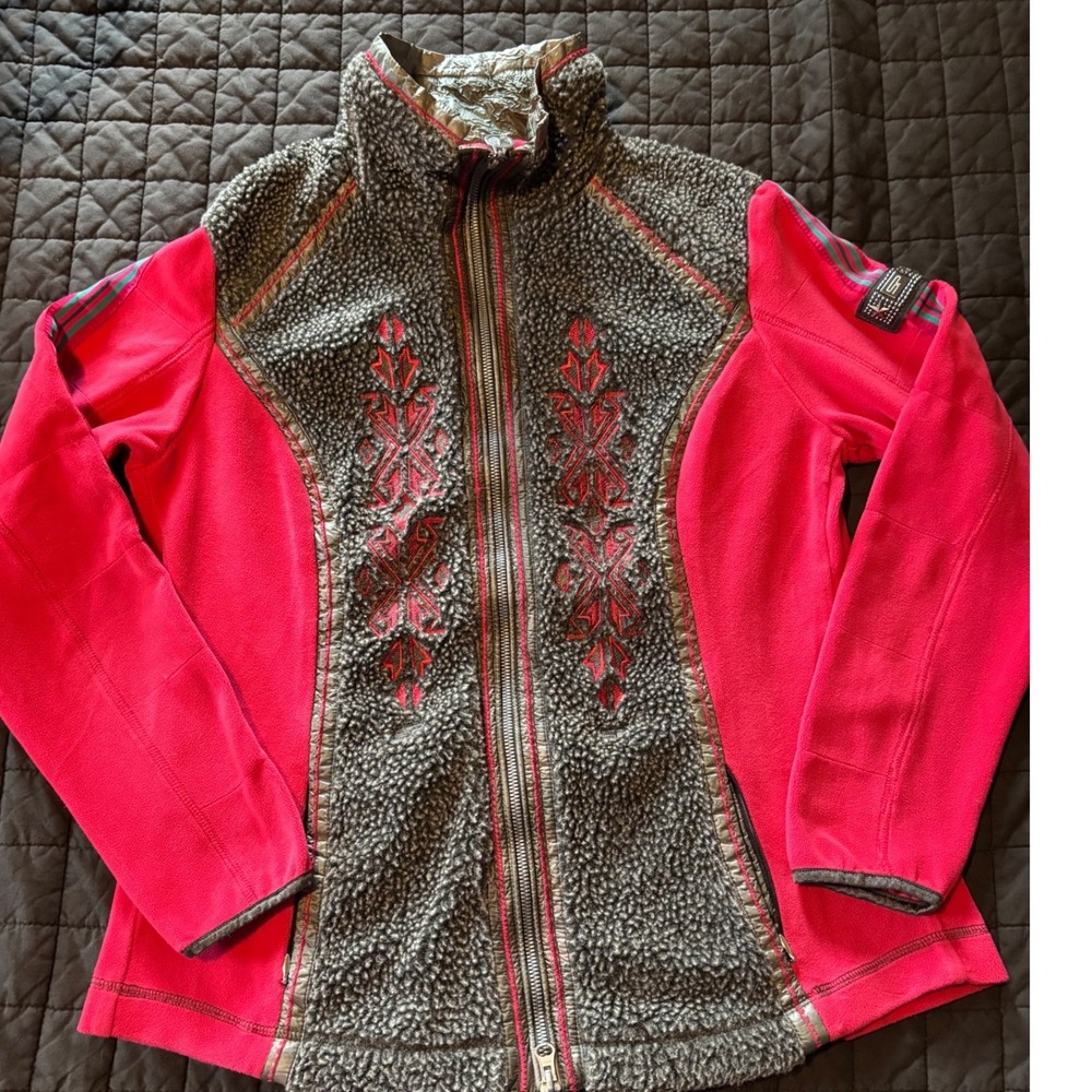 Sportalm Indian Spirit Red Grey Fleece Zip Jacket Embroidery Snakeskin Size‎ 42